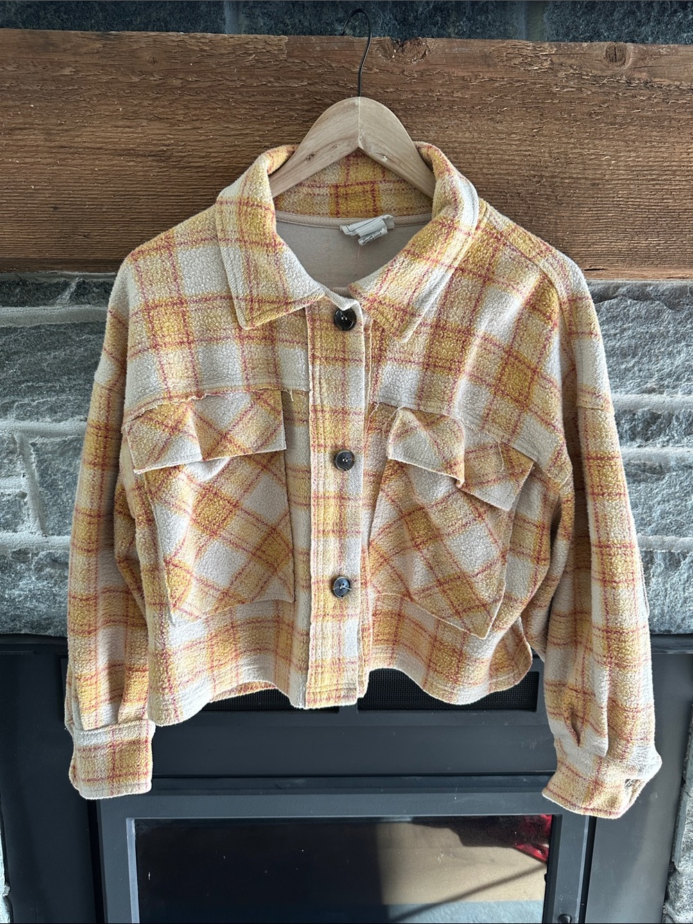 T.J.Maxx Cream & Yellow Plaid Teddy Shacket